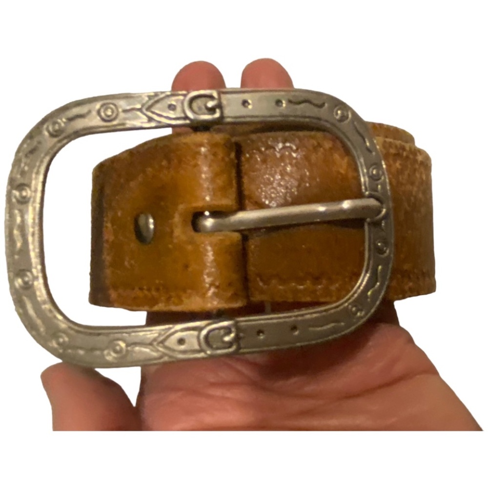 Vintage leather tooled belt with silver/pewter buckle